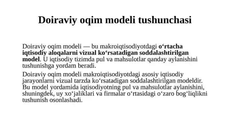 “Resurslar – tovarlar va xizmatlar” hamda “Daromadlar – xarajatlar”ning doiraviy oqimi modeli 3