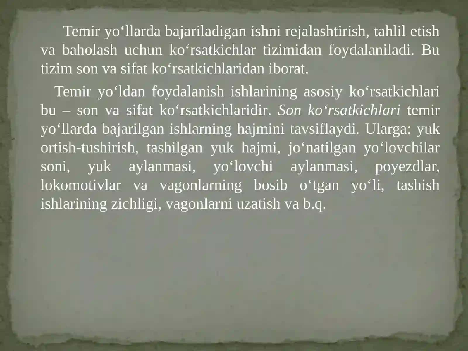 Temir yo‘ldan foydalanish ishlarining asosiy son ko‘rsatkichlari va ularning hisobi 3