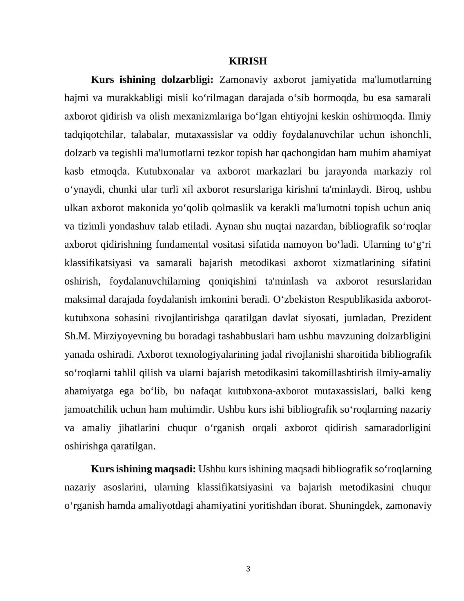 KURS ISHI "BIBLIOGRAFIK SOʻROQLAR KLASSIFIKATSIYASI. SOʻROQLARNI BAJARISH METODIKASI" 3