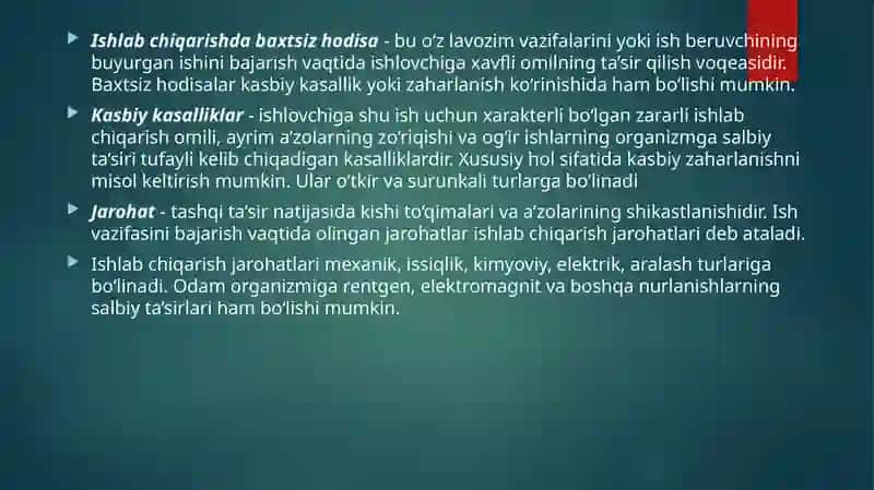 ISHLABCHIQARISHDA BAXTSIZ VA ISHLOVCHILAR SOG‘LIG‘IGA ZARAR KELTIRUVCHI BOSHQA HODISALARNI TAFTISH QILISH VA KERAKLI HUJJATLARNI RASMIYLASHTIRISH 3