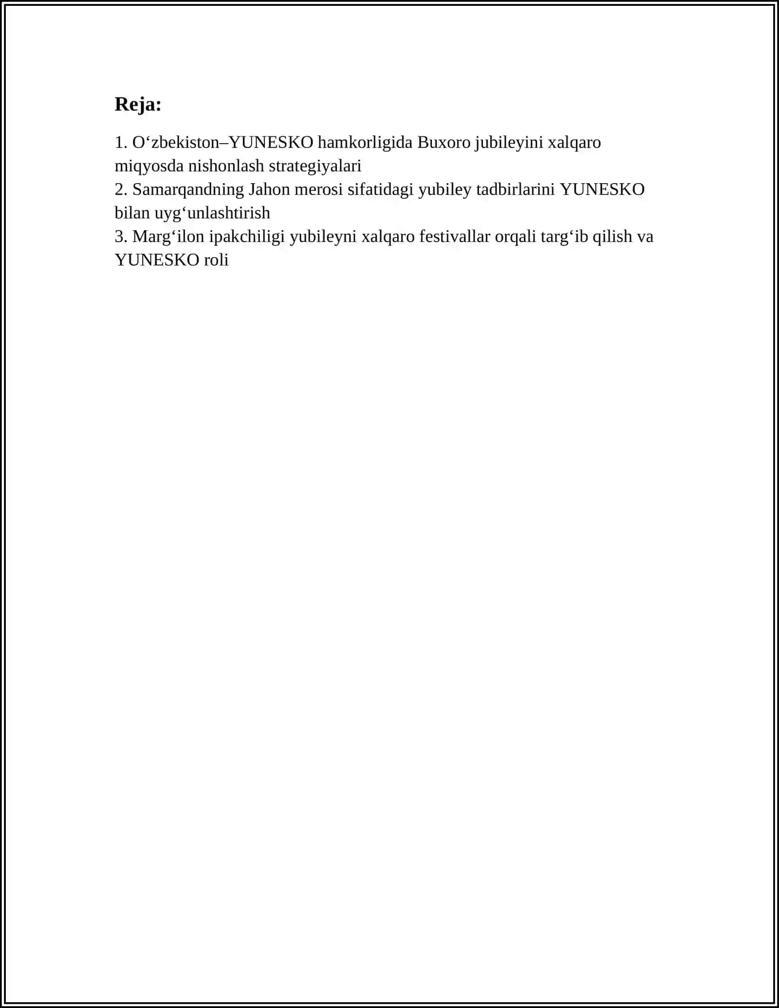 OZBEKISTON VA YUNESKO MUNOSABATLARI TARIXIY SHAHARLAR (BUXORO, SAMARQAND, MARGILON, QARSHI, TOSHKENT. XIVA SHAHRISABZ) YUBILEYLARINING XALQARO MIQYOSDA KENG NISHONLANISHI 3