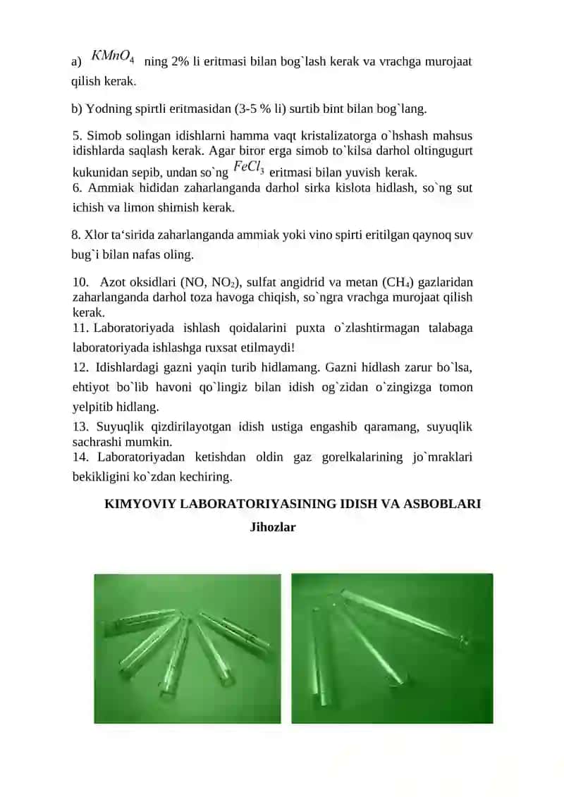 LABORATORIYA TAJRIBALARINI BAJARISHDA TEXNIKA XAVFSIZLIGI, ASBOB VA KIMYOVIY IDISHLAR 3