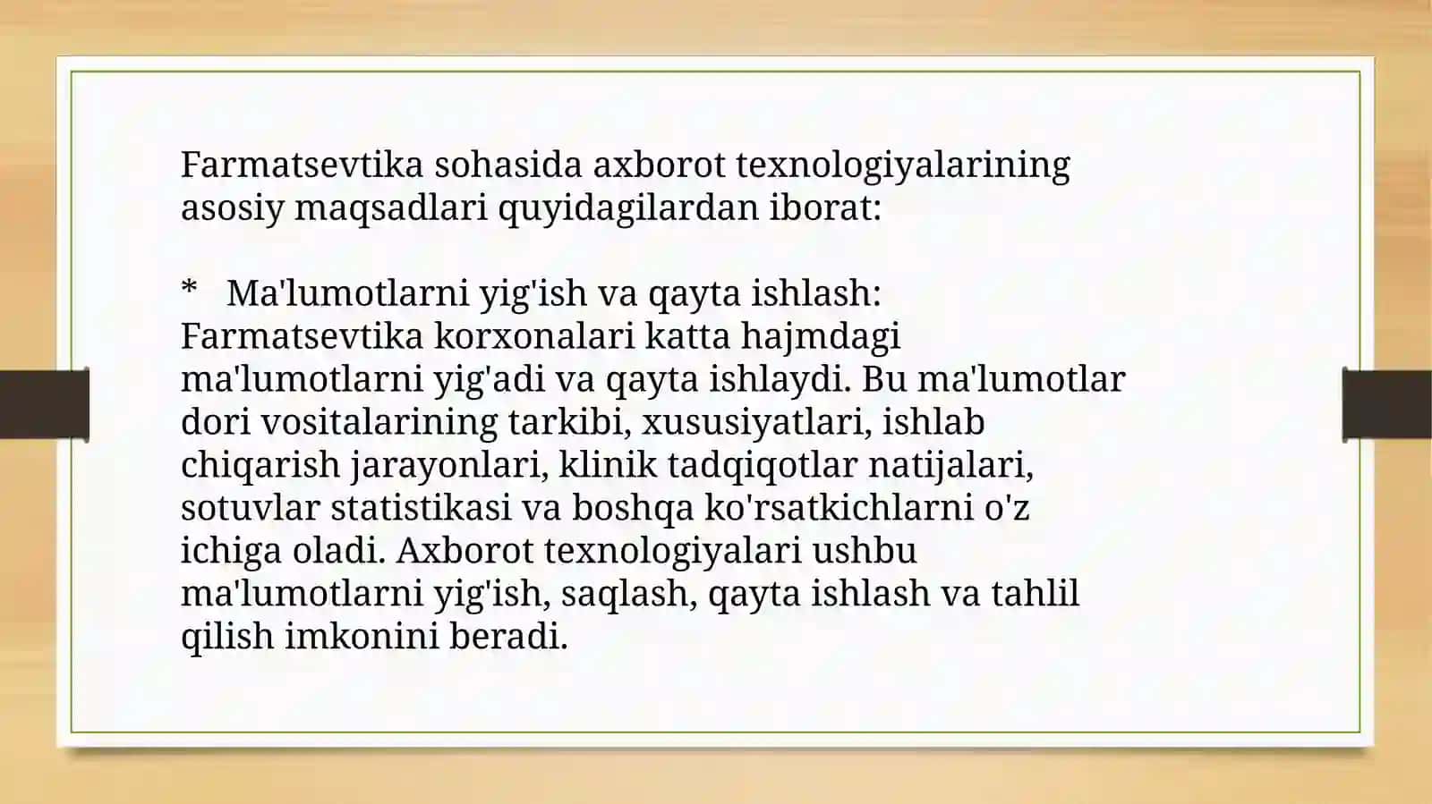 Farmatsiyada axborot va kompyuter texnalogiyalarining maqsadi va vazifalari. Farmasevtika sohasiga doir axborotlarning xossalari 3
