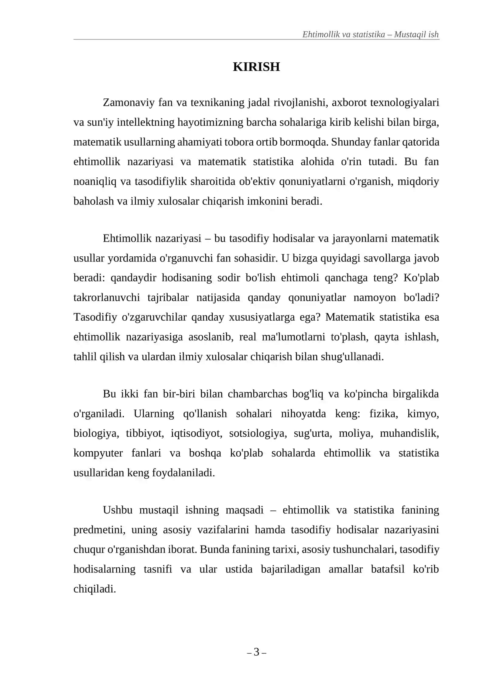 Ehtimollik va statistika fanining predmeti va vazifalari. Tasodifiy hodisalar 3