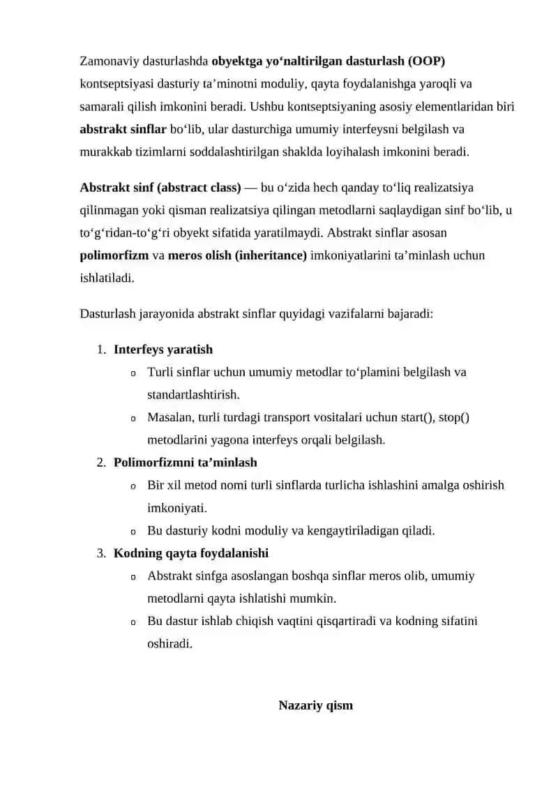 Abstrakt sinflar tashkil etish va ulardan foydalanish usullari 3