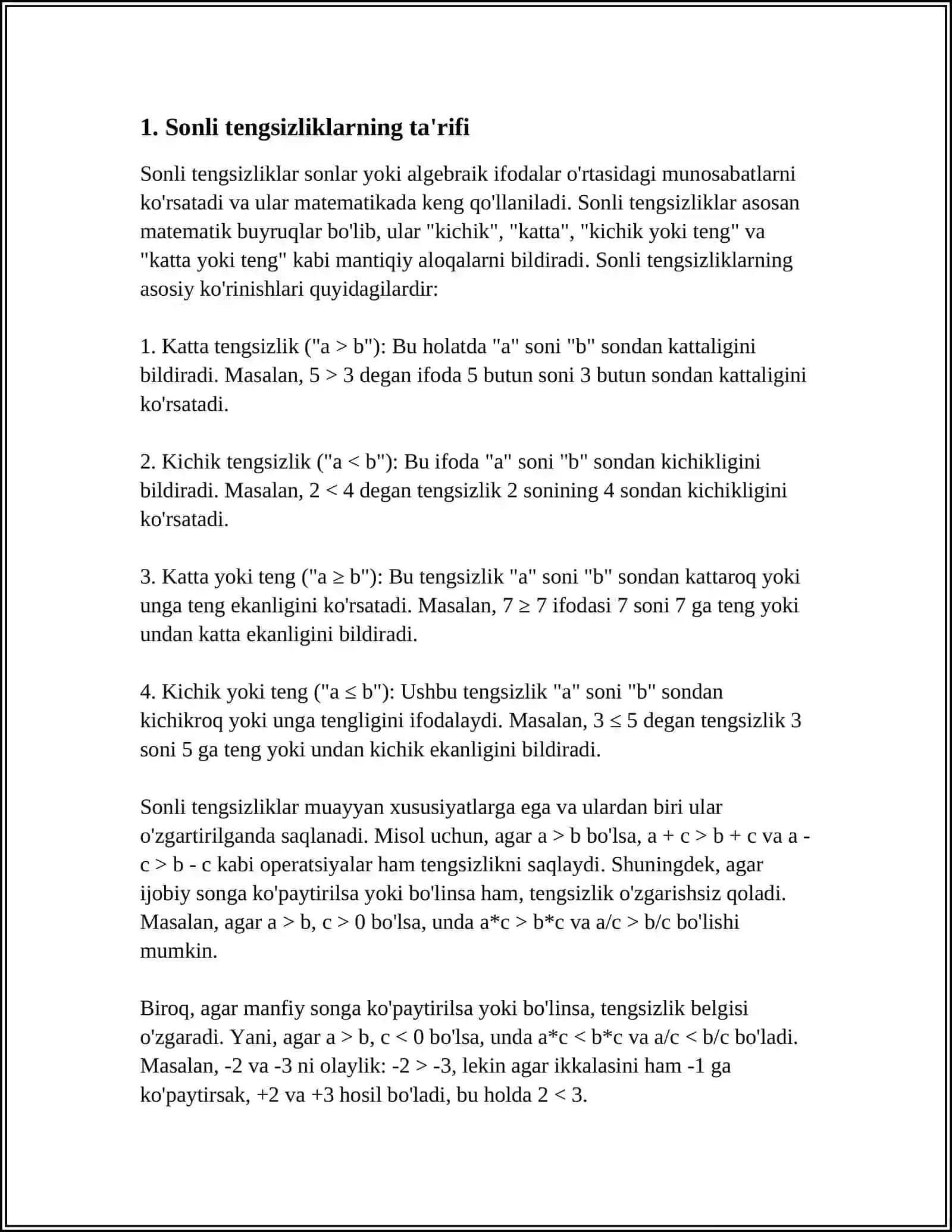 SONLI TENGSIZLIKLARNING ASOSIY XOSSALARI 3