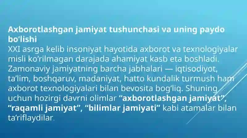 Axborotlashgan jamiyat va uning istiqbollari  Axborotlashgan jamiyatning shakllanish omillari Axborotlashgan jamiyatning asosiy xususiyatlari Axborotlashgan jamiyatning ijtimoiy va iqtisodiy ta’siri 3