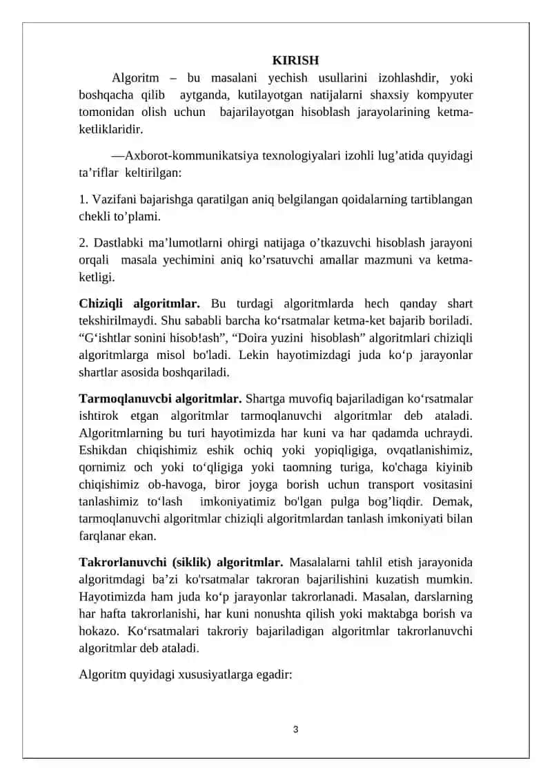 "MASALALARNING ALGORITMINI TUZISH VA SHU ALGORITM ASOSIDA BASIC DASTURLASH TILIDA DASTUR TUZISH" 3