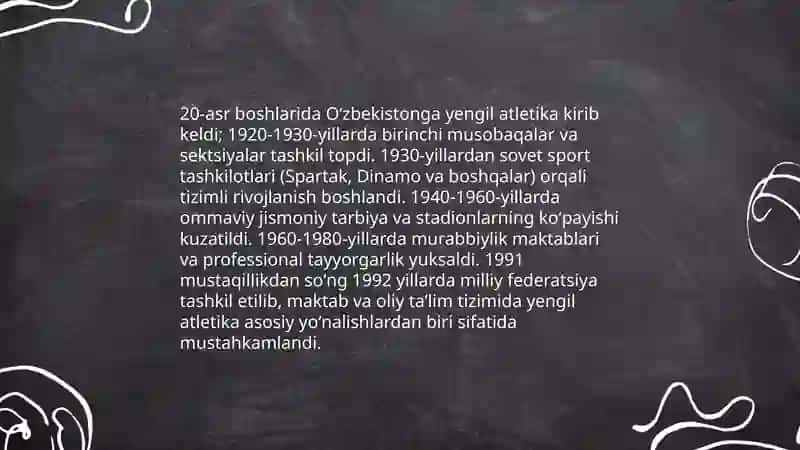 Oʻzbekistonda yengil atletikaning rivojlanish tarixi va uning jismoniy tarbiya tizimida tutgan oʻrni 3