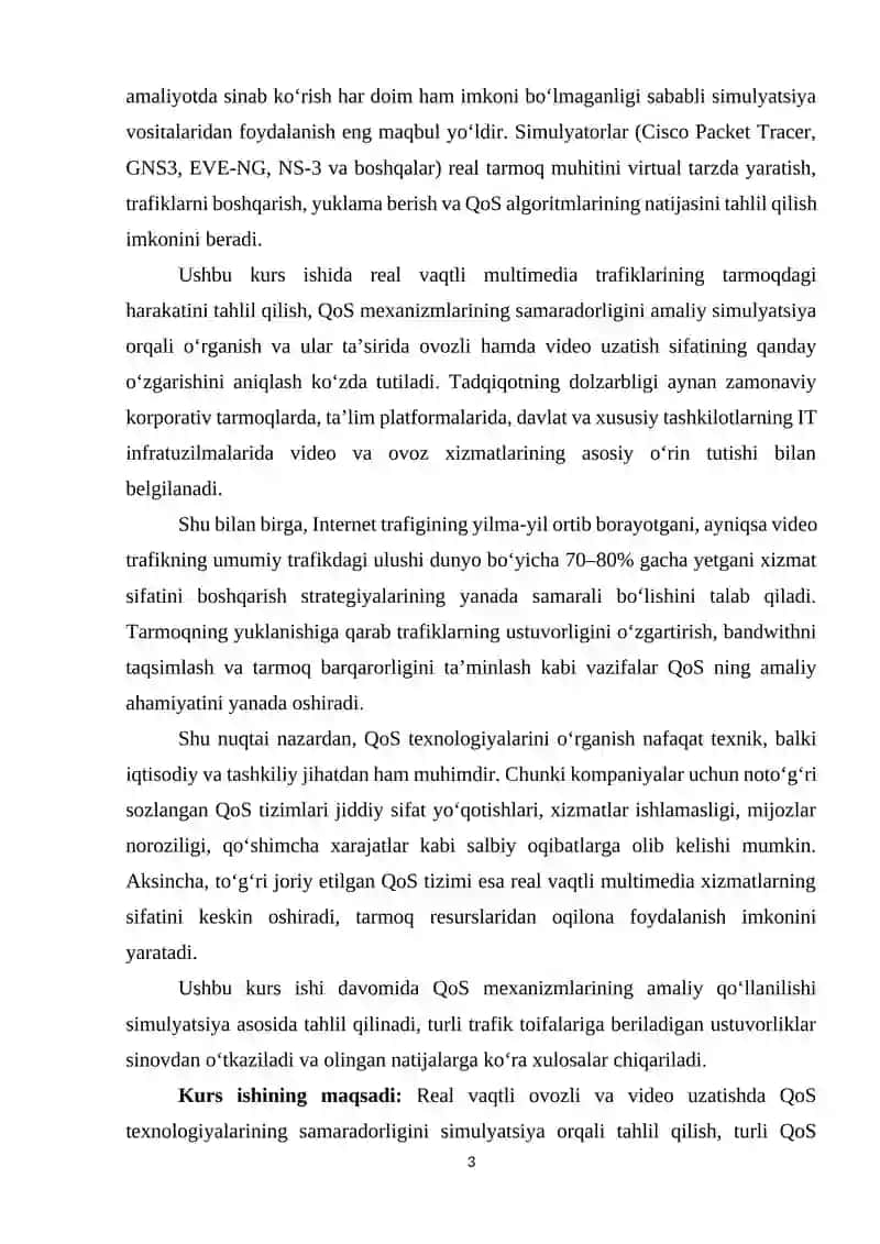 KI12 QoS texnologiyasining real vaqtli ovozli va video uzatishda ishlashini simulyatsiya orqali tahlil qilish. 3