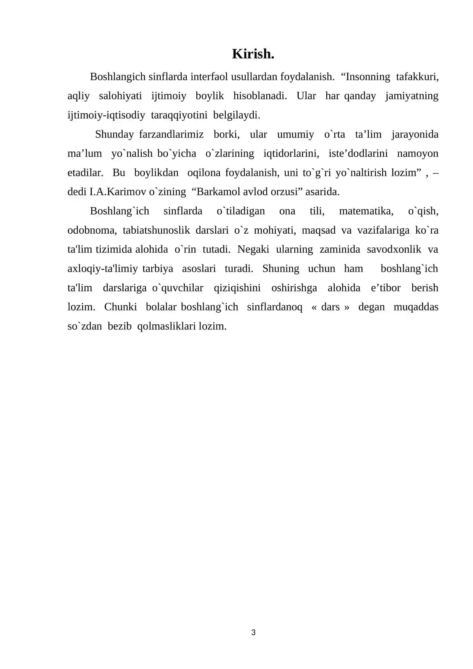 Boshlang’ich sinf o’qish darsini yangi pedagogik texnologiyalar orqali tashkil etishda interfaol usullardan foydalanishning shakl, metod va vositalaridan foydalanishning ta’limiy ahamiyati 3