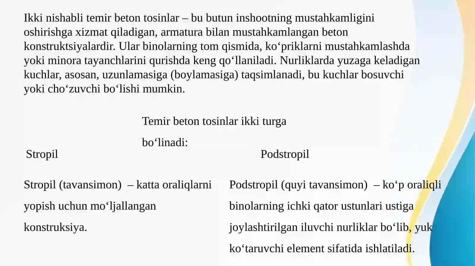 Taqdimot: Ikki nishabli temir beton to’sinlar ishlab chiqarish korxonasini loyihalash.Mahsuldorligi 36500m3/yil 3
