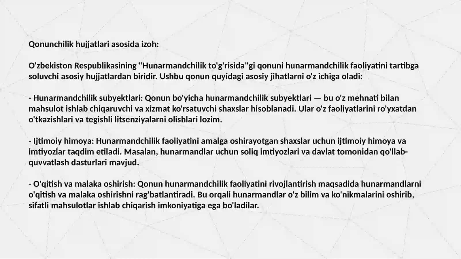 Tadbirkorlik huquqi subyektlarining o‘ziga xos xususiyatlaridan kelib chiqqan holda hunarmandchilik faoliyati 3