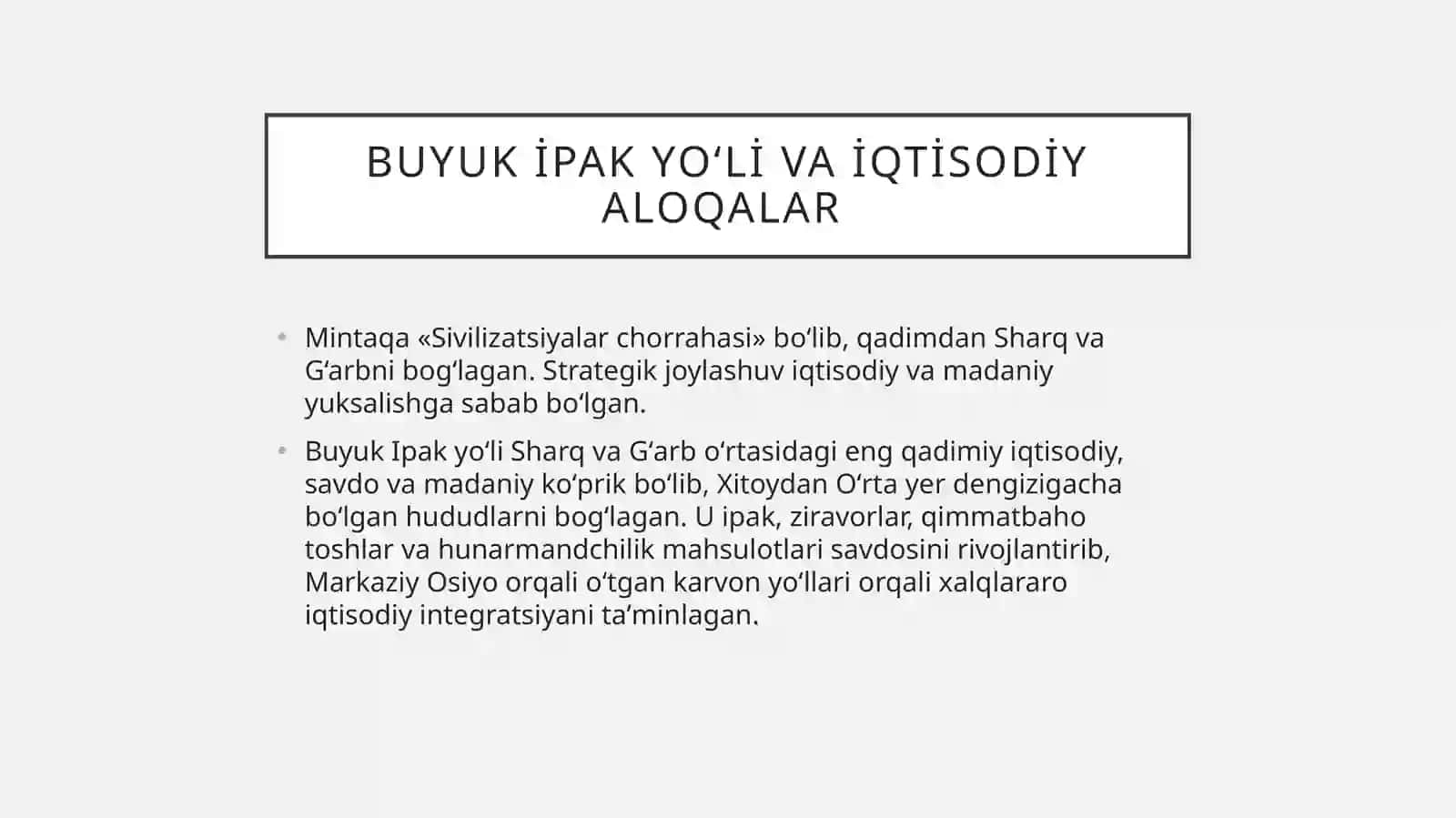 Órta Osiyo xalqlarining Xorijiy mamlakatlar bilan Tarixiy iqtisodiy siyosiy va madaniy munosabatlarİning oʻrnatilishi 3