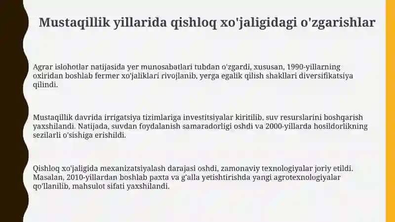 Mustaqillik yillarida qishloq xo'jaligidagi o'zgarishlar 3