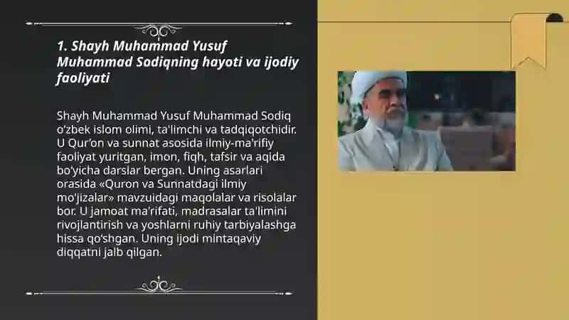 Shayh Muhammad Yusuf Muhammad Sodiq hayoti va Quron va Sunnatdagi ilmiy mo'jizalar asari 3
