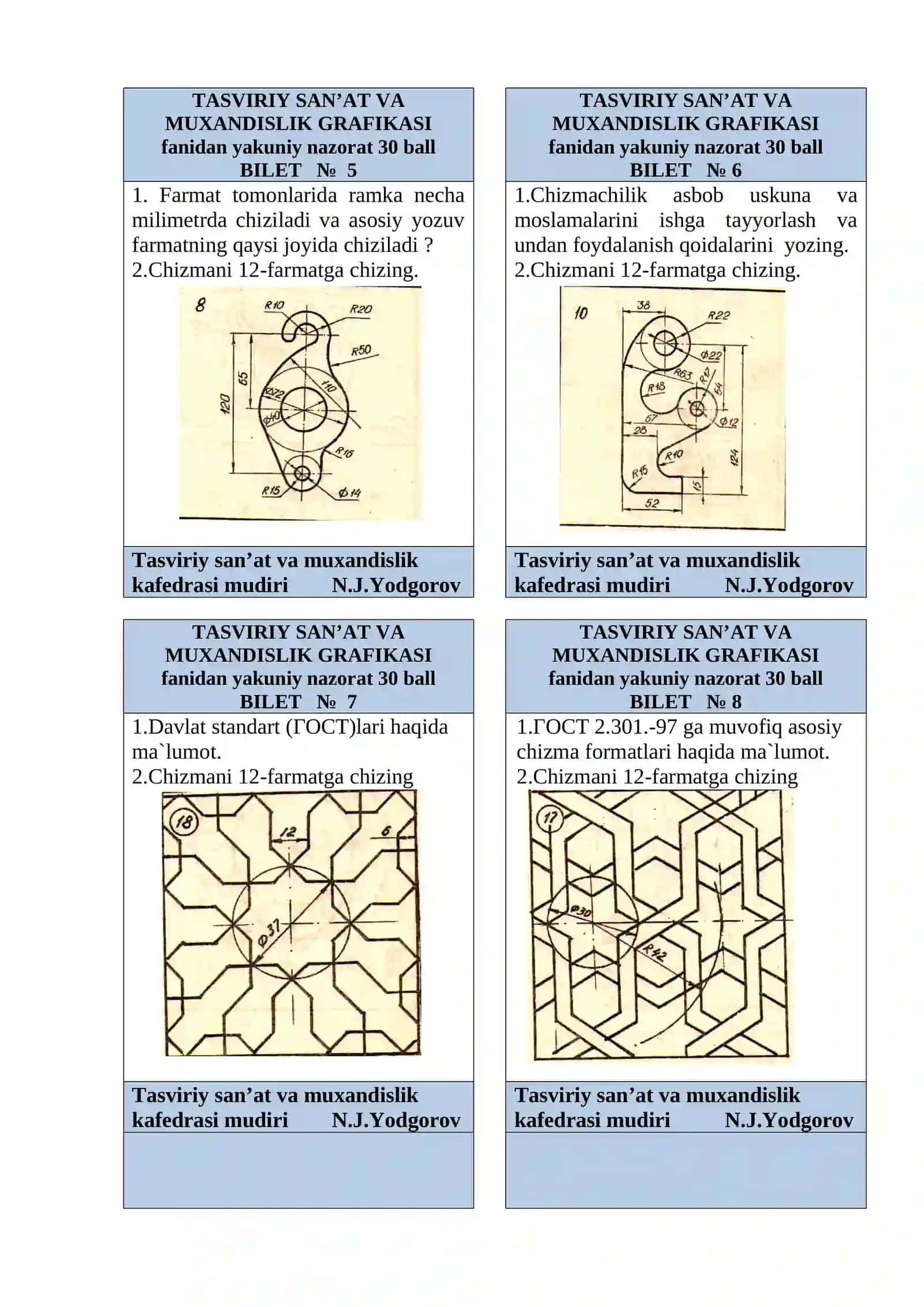 Tasviriy San'at va Muhandislik Grafikasi | Yakuniy Nazorat Biletlari | 24 ta Bilet | Baholash Mezonlari | DOCX 3
