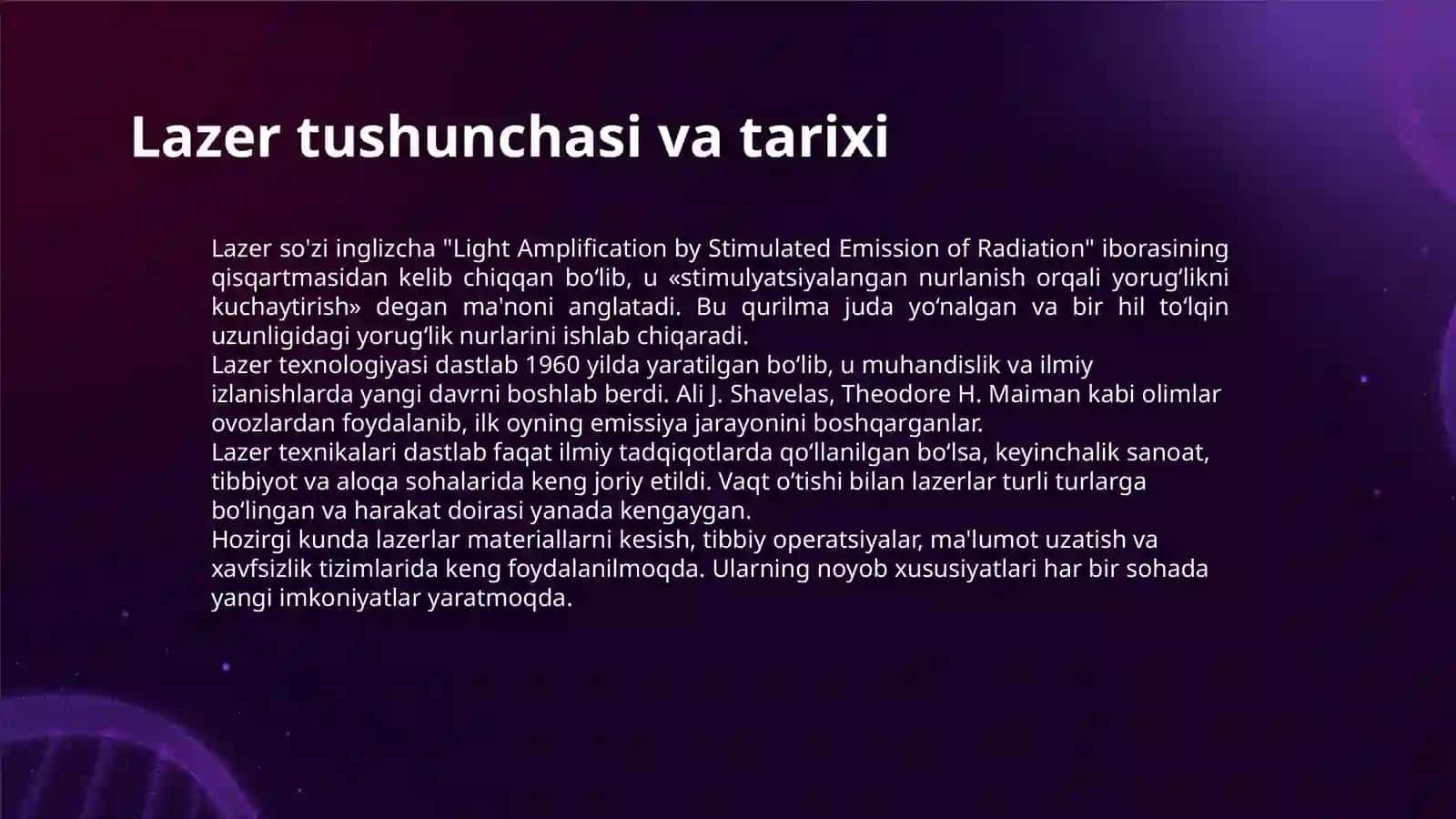 LAZERLAR. OKG VA UNING TURLARI. LAZER NURLANISH HOSSALARI VA TIBBIYOTDA QO’LLANILISH YO’NALISHLARI 3