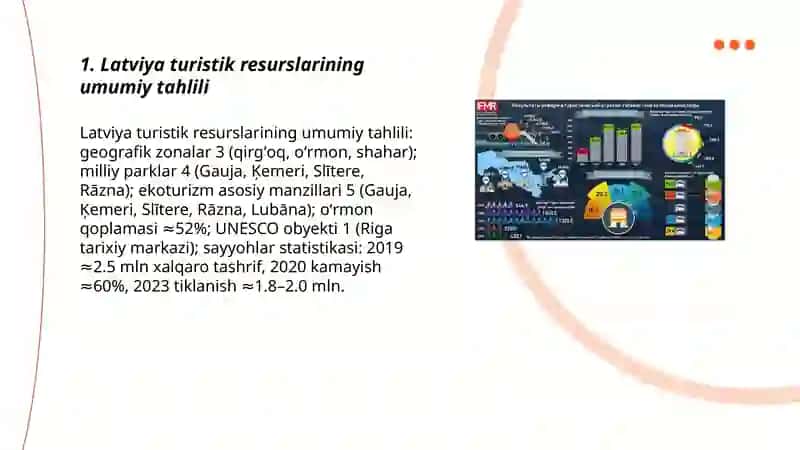 Latviya turistik resurslari turizmda yetakchilogi sóngi yillar sayyohlar qancha borganlik statistika ekoturizm manzillari 3