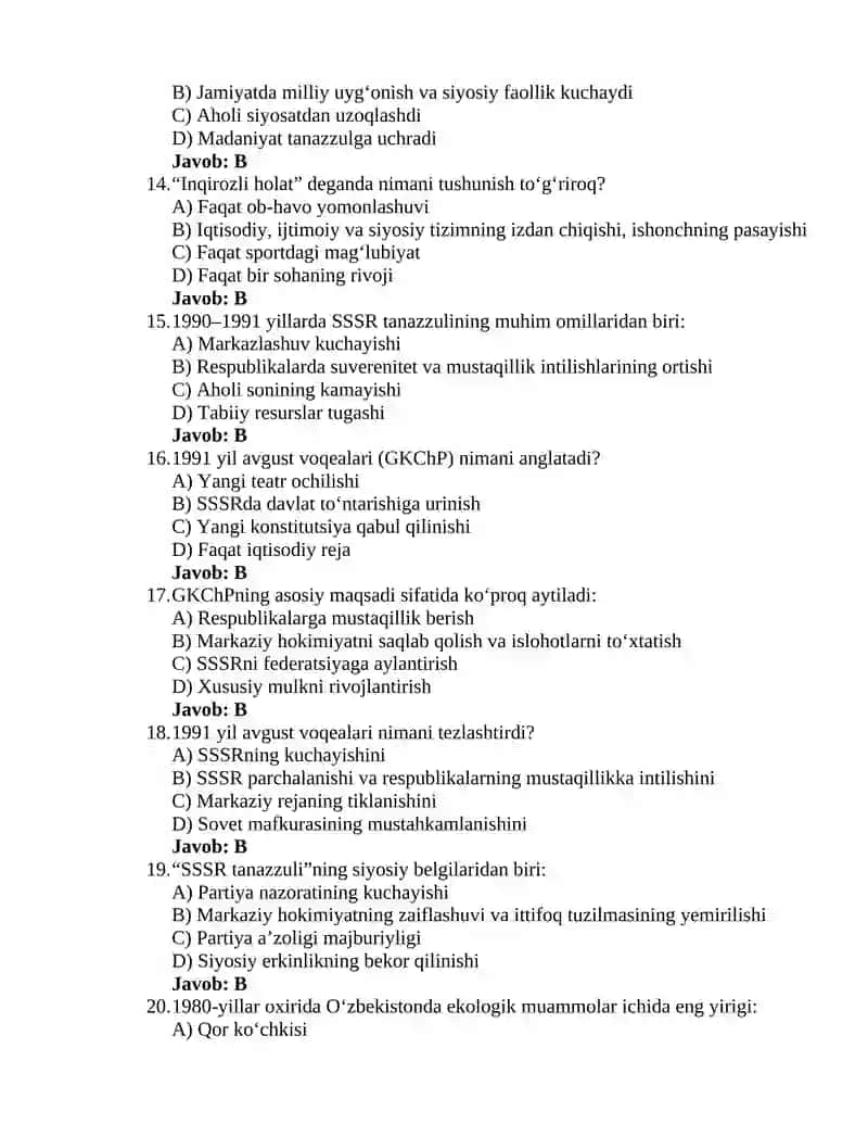 Oʻzbekistonning eng yangi tarixi 3-test 3