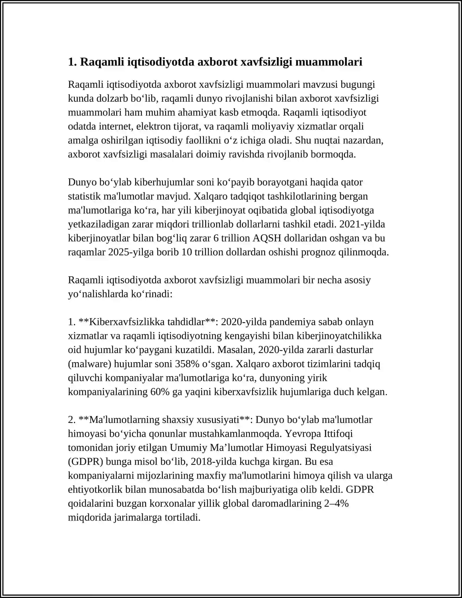 RAQAMLI IQTISODIYOTDA AXBOROT VA IQTISODIY XAVFSIZLIK MUAMMOSI RAQAMLI IQTISODIYOT UCHUN YANGI BOZORLARNI SHAKLLANTIRISH 3