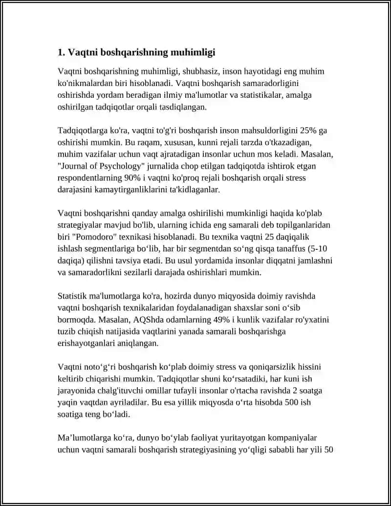 MUSTAQIL ISH Mavzu: VAQTNI BOSHQARISH (TIME MANAGEMENT KÕNIKMASI VA RIVOJLANTIRISH YOʻLLARI 3