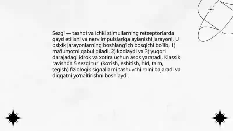Sezgi psixik jarayonlarining boshlang'ich holati ekanligi 3