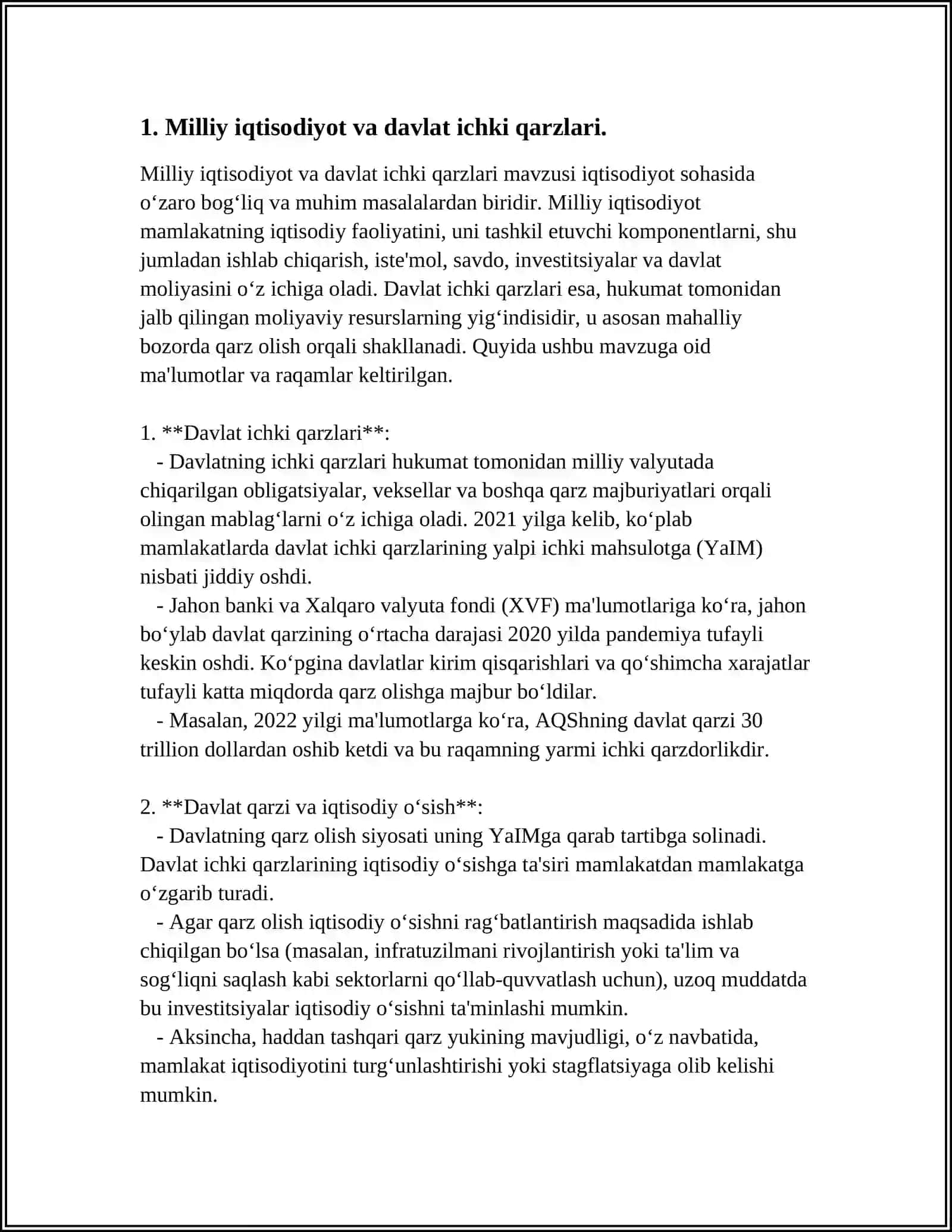 MILLIY IQTISODIYOTNING ICHKI VA TASHQI QARZLARI. MILLIY IQTISODIYOTDA DAVLAT – KAFOLATI OSTIDAGI QARZLAR. MILLIY IQTISODIYOTDA DAVLAT QARZLARINI BOSHQARISH TAMOYILLARI 3
