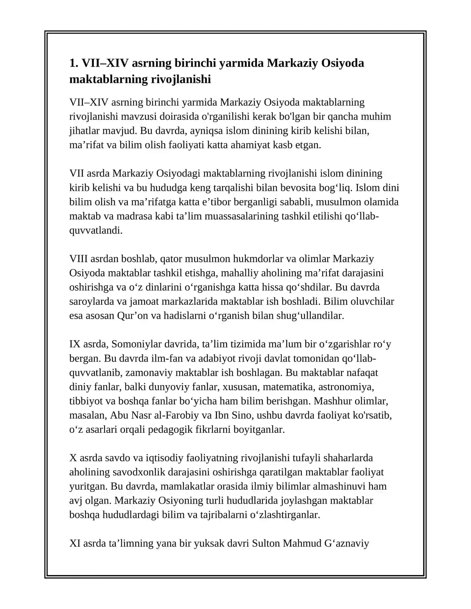 VII ASRDAN XIV ASRNING BIRINCHI YARMIGACHA OʻRTA OSIYODA TARBIYA, MAKTAB VA PEDAGOGIK FIKRLAR 3