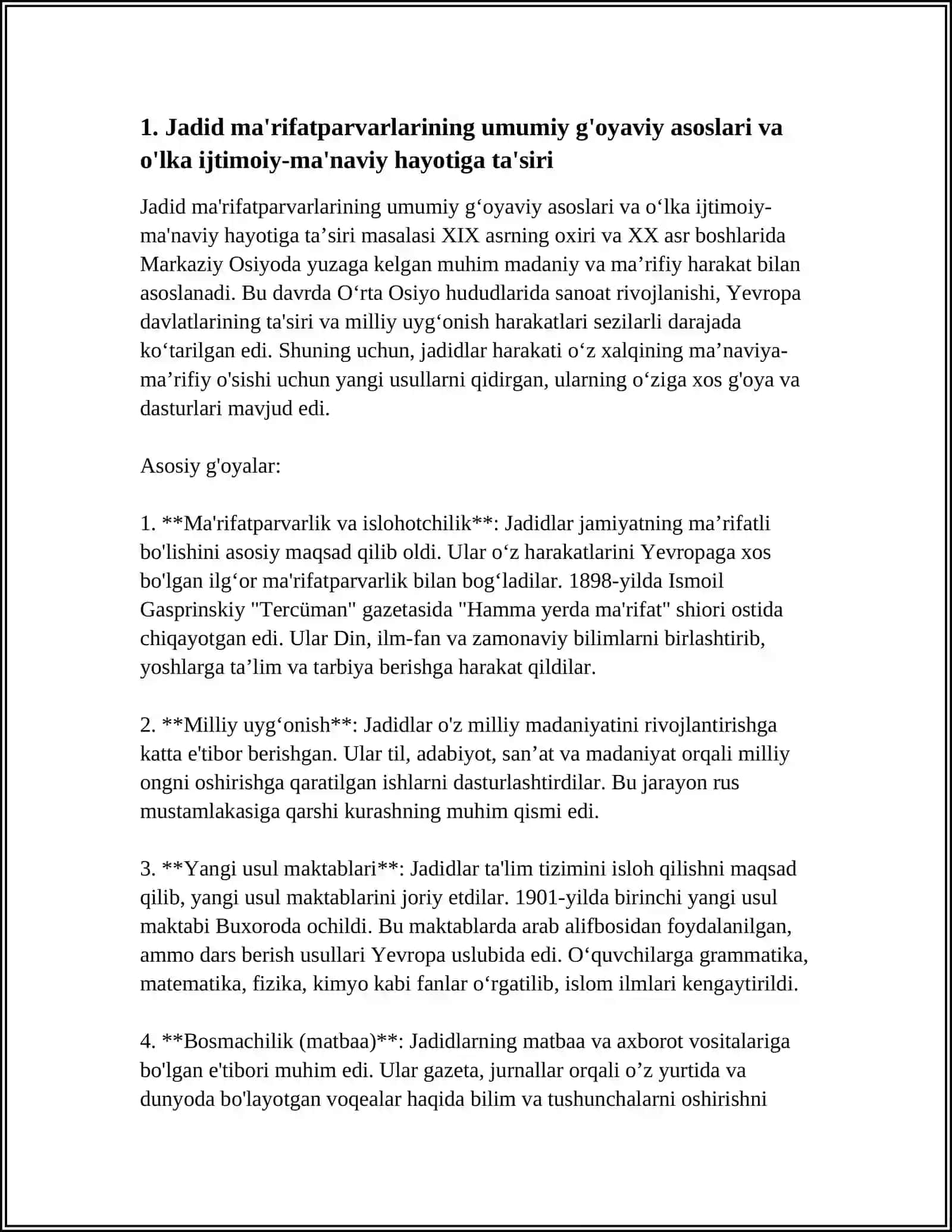 JADID MA'RIFATPARVARLARINING O'LKA IJTIMOIY-MA'NAVIY HAYOTIDA TUTGAN O'RNI (MUNAVVAR QORI, FITRAT, BEHBUDIY, AVLONIY VA BOSHQ.) 3