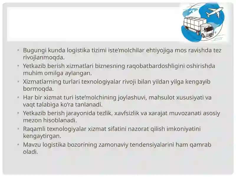 Iste'molchi manzillarga tashish xizmati ko'rsatish turlari va ularning samaradorligi 3