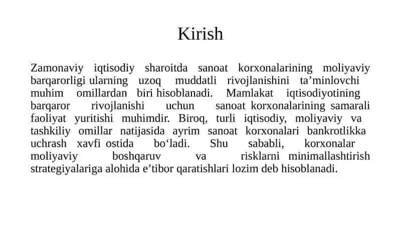 Sanoat korxonalarining iqtisodiy barqarorligini ta’minlash va bankrotlikning oldini olish yo‘llari 3