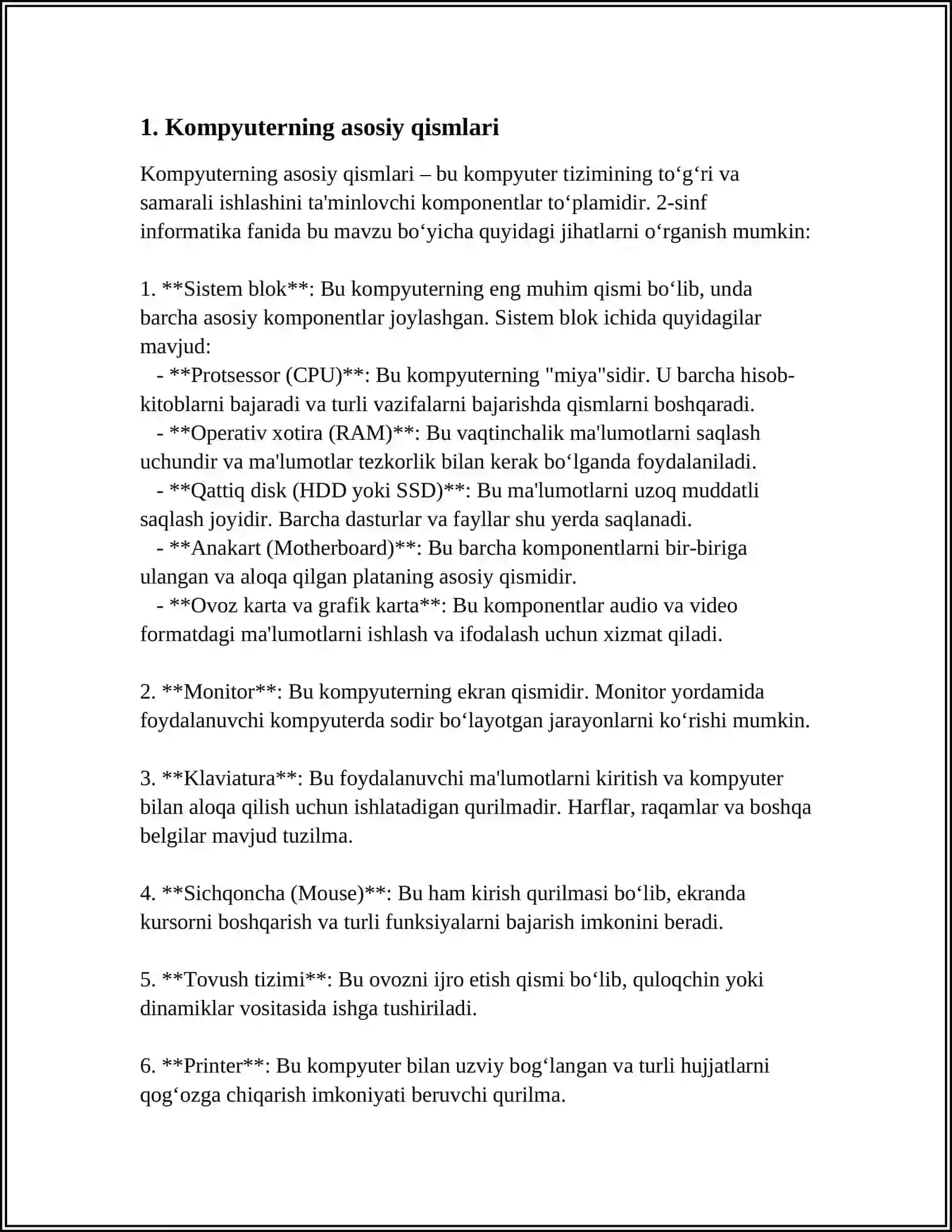 2-SINF INFORMATIKA FANIDAN TEST SAVOLLARI VA JAVOBLARI 3-CHORAK 3