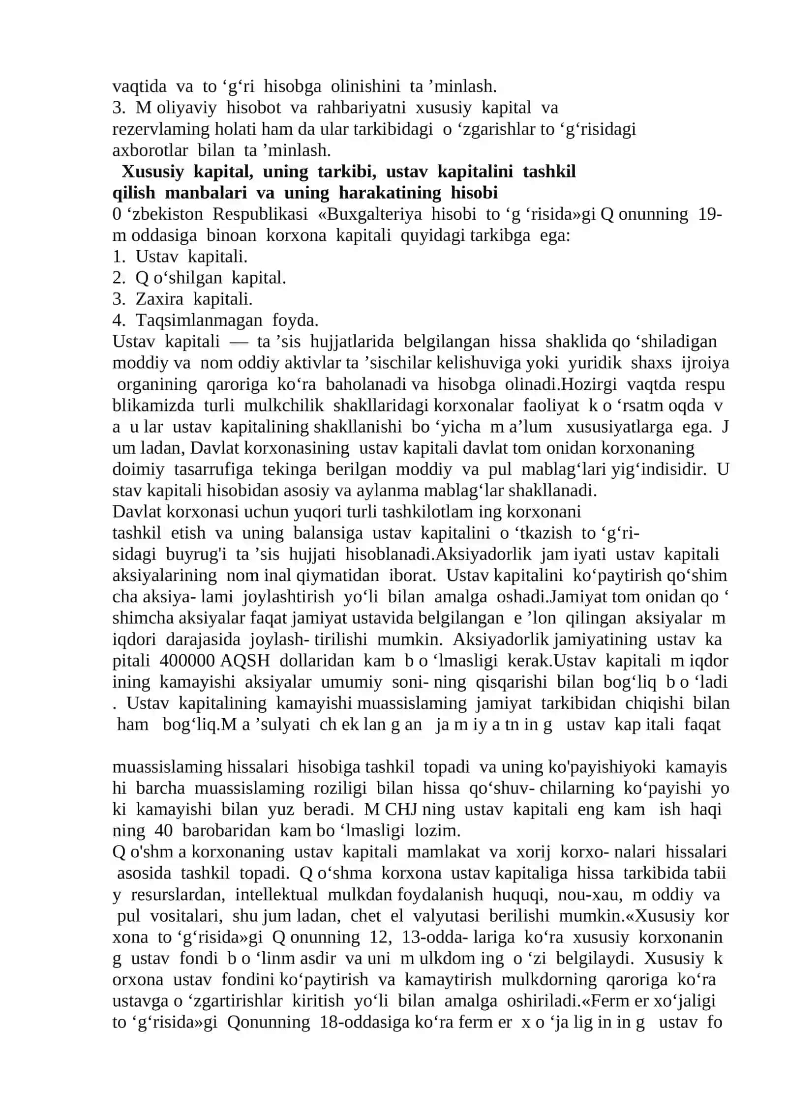 Xususiy kapital hisobini tashkil etish va uning vazifalari. Qo‘shilgan kapital va zaxira kapitalini shakllantirish va ishlatilishini hisobga olish 3