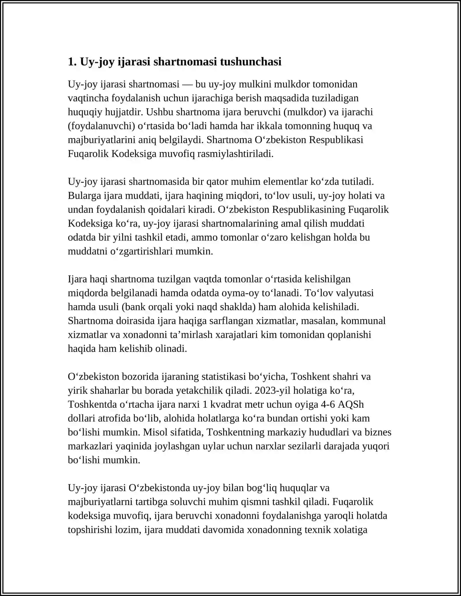 O'ZBEKISTON RESPUBLIKASI FUQAROLIK KODEKSI BO'YICHA UY-JOY IJARASI SHARTNOMASI 3