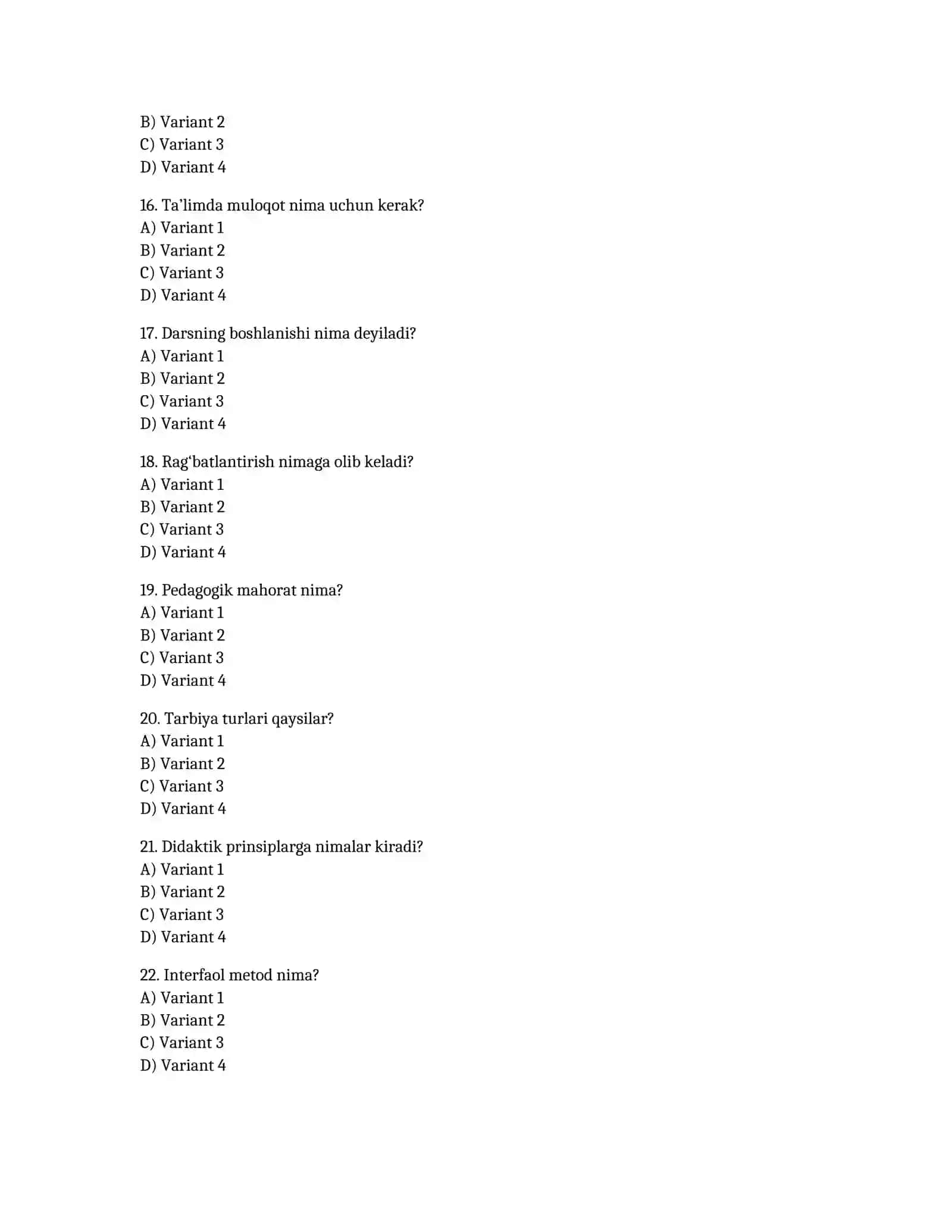Pedagogika fanidan testlar to‘plami (50 ta savol) 3