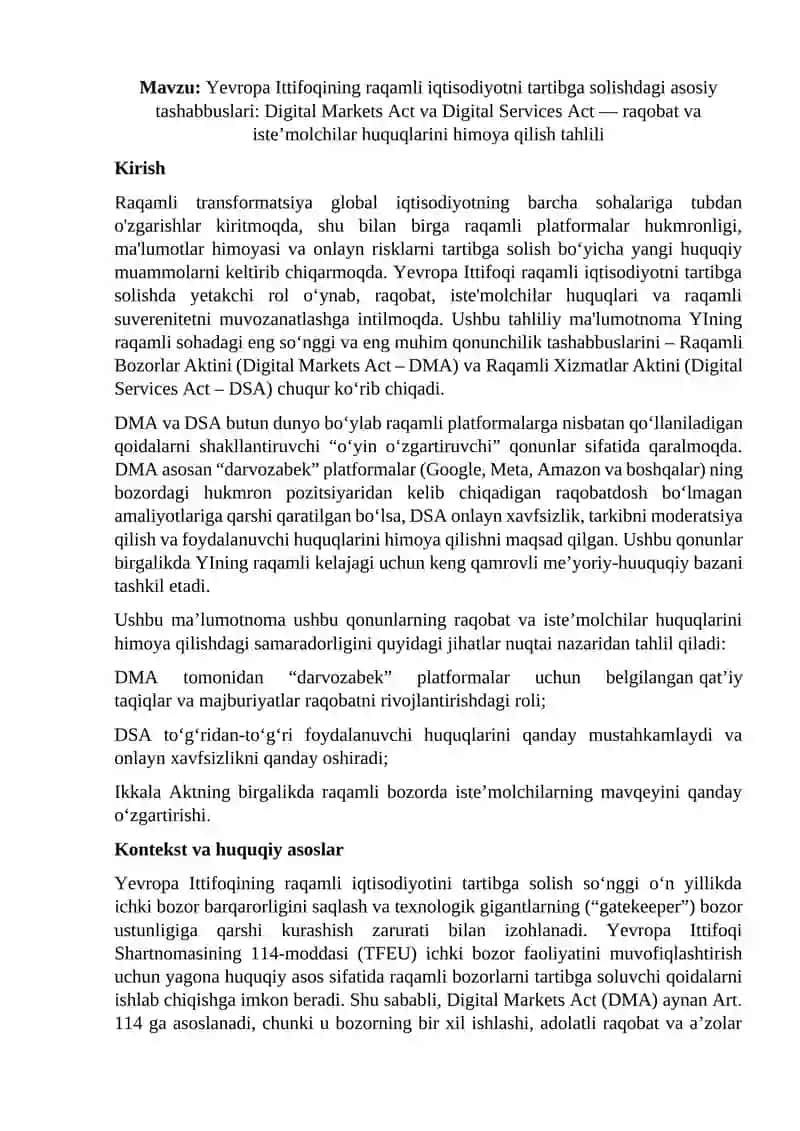 Yevropa Ittifoqining raqamli iqtisodiyotni tartibga solishdagi asosiy tashabbuslari: Digital Markets Act va Digital Services Act — raqobat va iste’molchilar huquqlarini himoya qilish mavzusida  tahliliy malumot 3