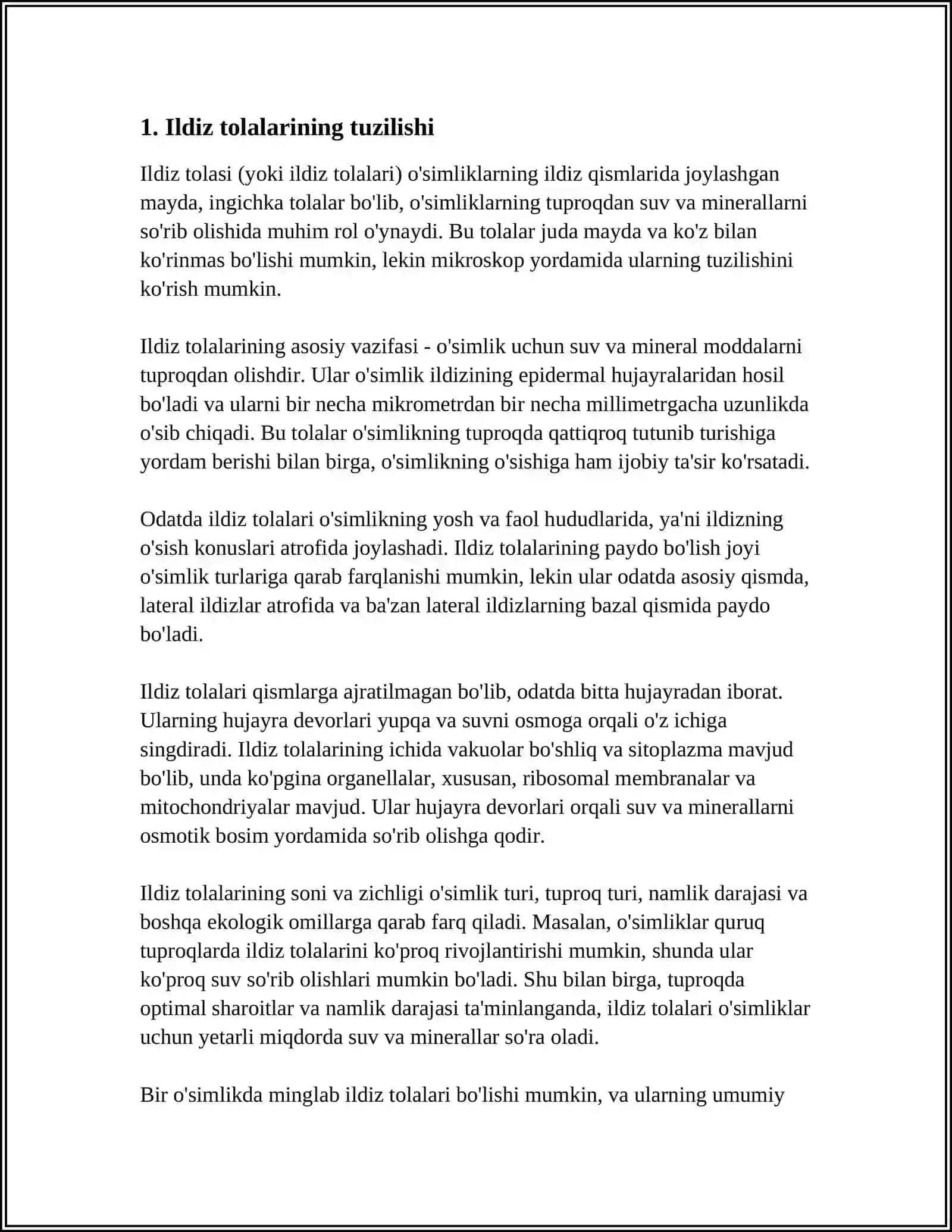 MUSTAQIL ISH Mavzu: OʻSIMLIKLARNING ILDIZIDAN OZIQLANISHIDA ILDIZ TOLALARI ROLI 3