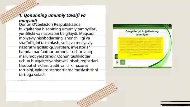 Oʻzbekiston respublikasining "Buxgalteriya hisobi toʻgʻrisidagi" qonuni va uning ahamiyati 3