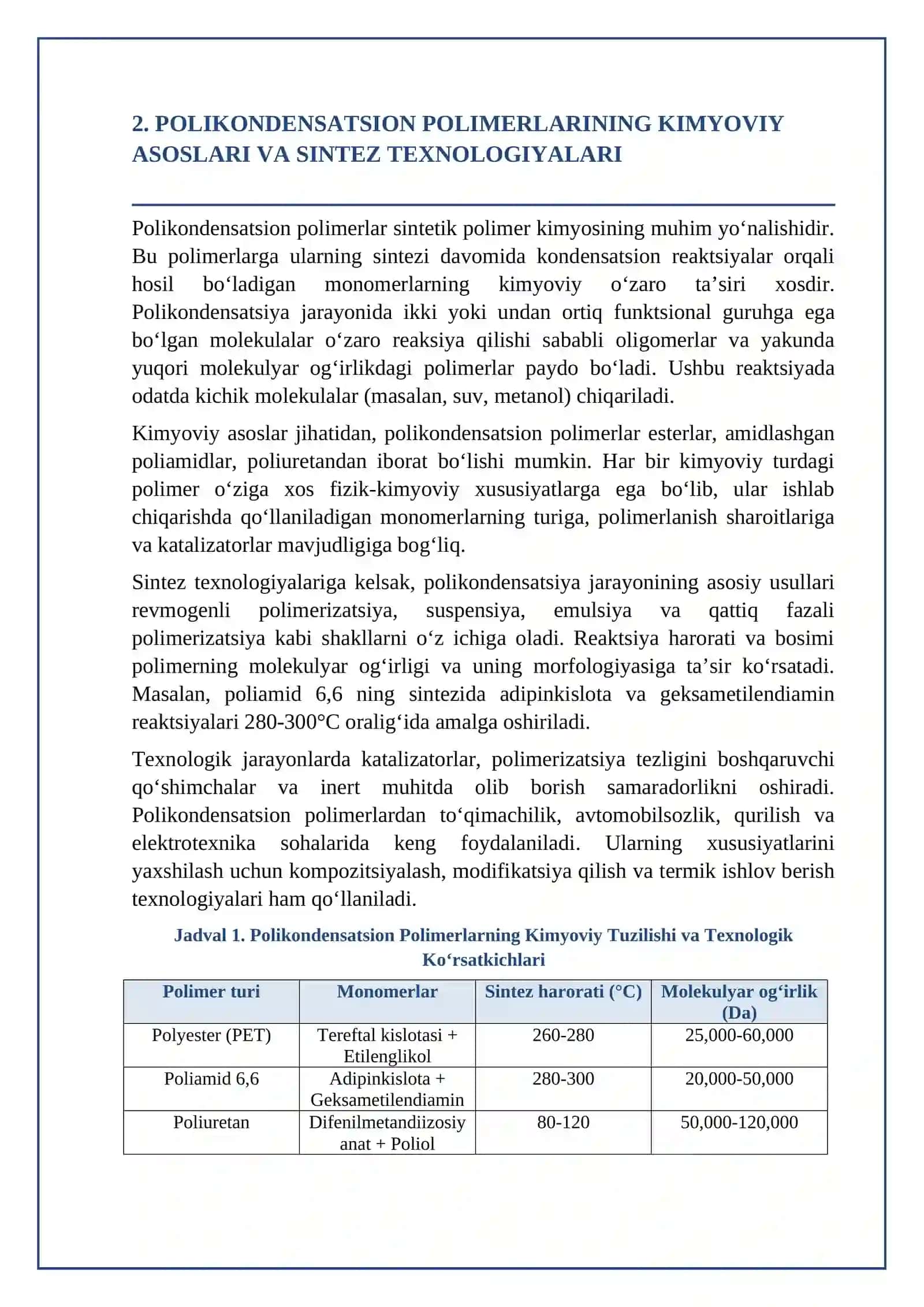 Polikondensatsion Usulda Olinadigan Sanoat Polimerlari: Sintetik Jarayonlar va Ilmiy-Texnik Ko‘rsatkichlar 3