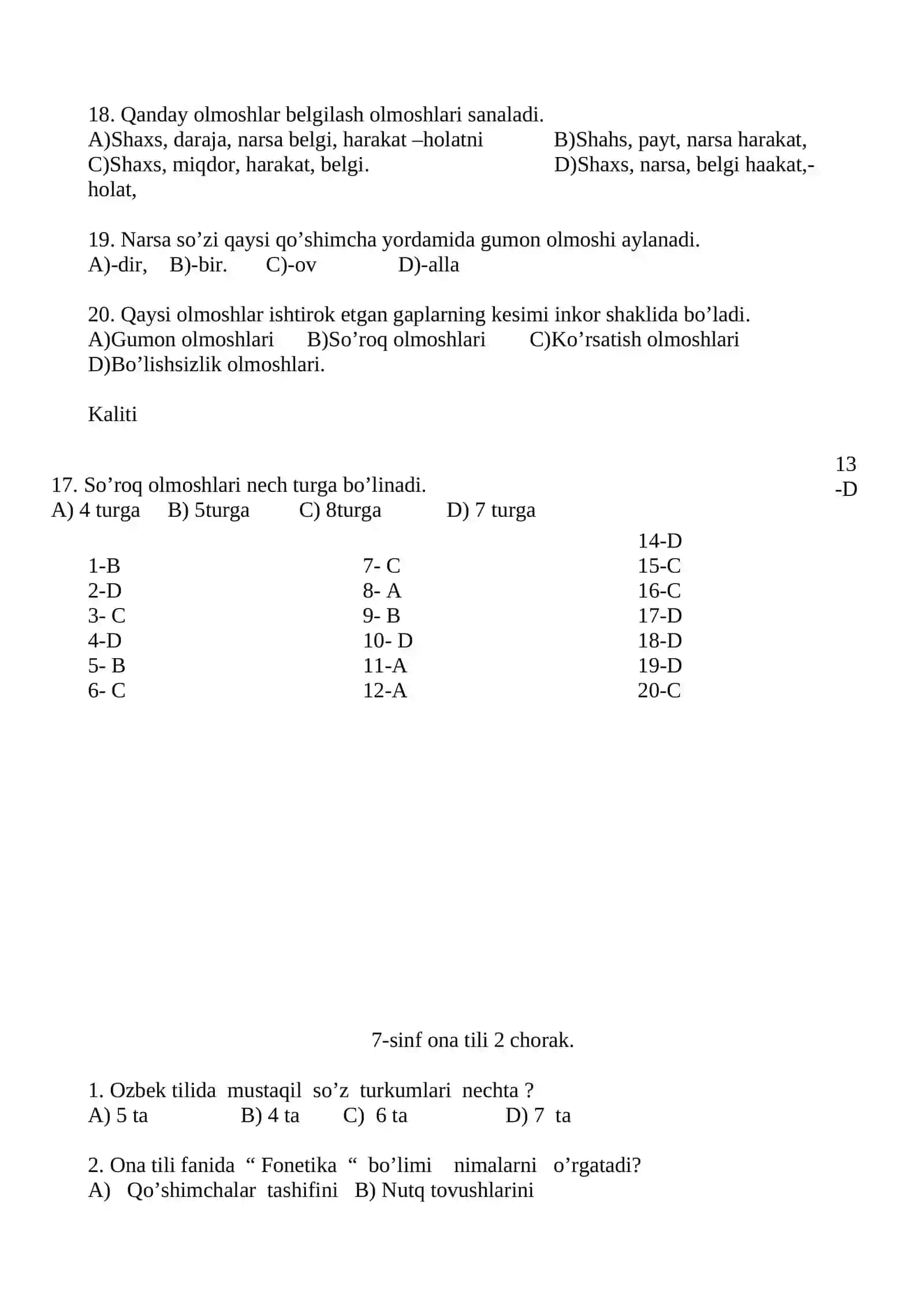 ONA TILI FANIDAN 7- SINF 1-2-3-4- CHORAK TEST SAVOLLARI VA JAVOBLARI 3