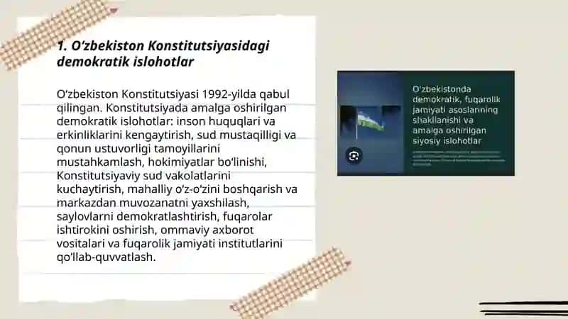 Oʻzbekistonda demokratik, fuqarolik jamiyati asoslarining shakllanishi, amalga oshirilgan siyosiy islohotlar 3