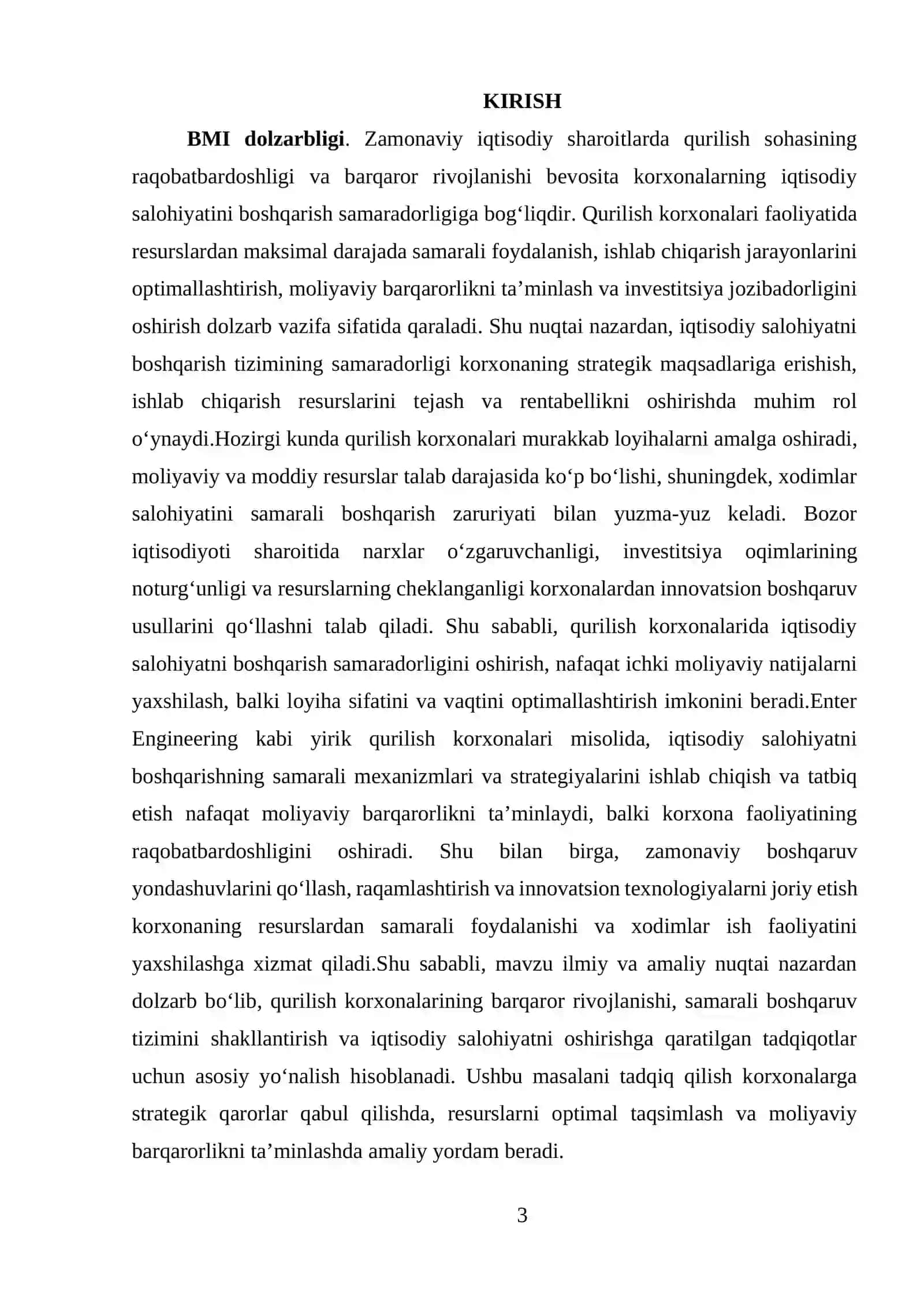 Qurilish korxonalarining iqtisodiy salohiyatini boshqarish samaradorligini oshirish yo‘llari (Enter Engineering korxonasi misolida) 3