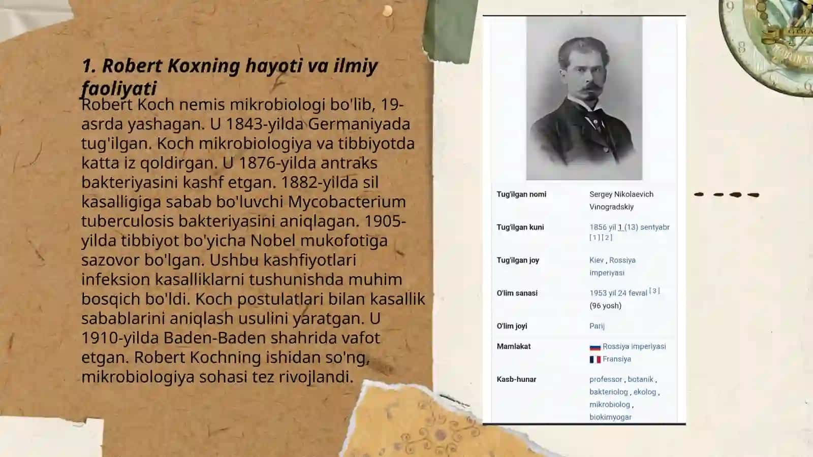 Robert Kox va S.N.Vinogradkiyning mikrobiologiya rivijlantirishda qo'shgan hissasi(rasmlar asosida tushuntirilsin) 3