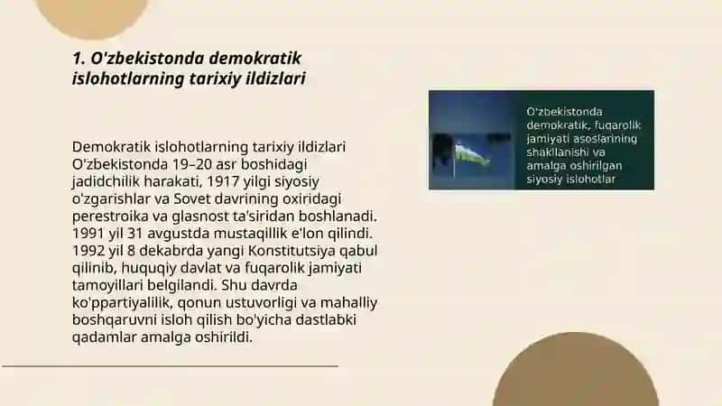 O'zbekistonda democrating, fuqarolik jamiyati asoslarining shakllanishi, amalga oshirilgan siyosiy islohotlar 3