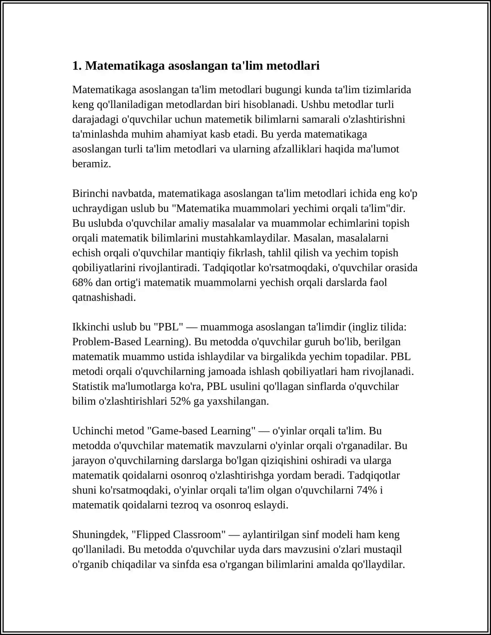 PEDAGOGIKA DARSLIGI MATIMATIKAGA ASOSLANGAN MASHG‘ULOT UCHUN ISHLANMA 3