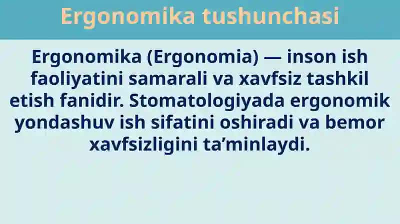 Stomatolog ishini tashkil etishning ergonomik asoslari. Stomatologiya bo'limini tashkil etish. Stomatologiya xonasini tashkil etishning ergonomik asoslari 3