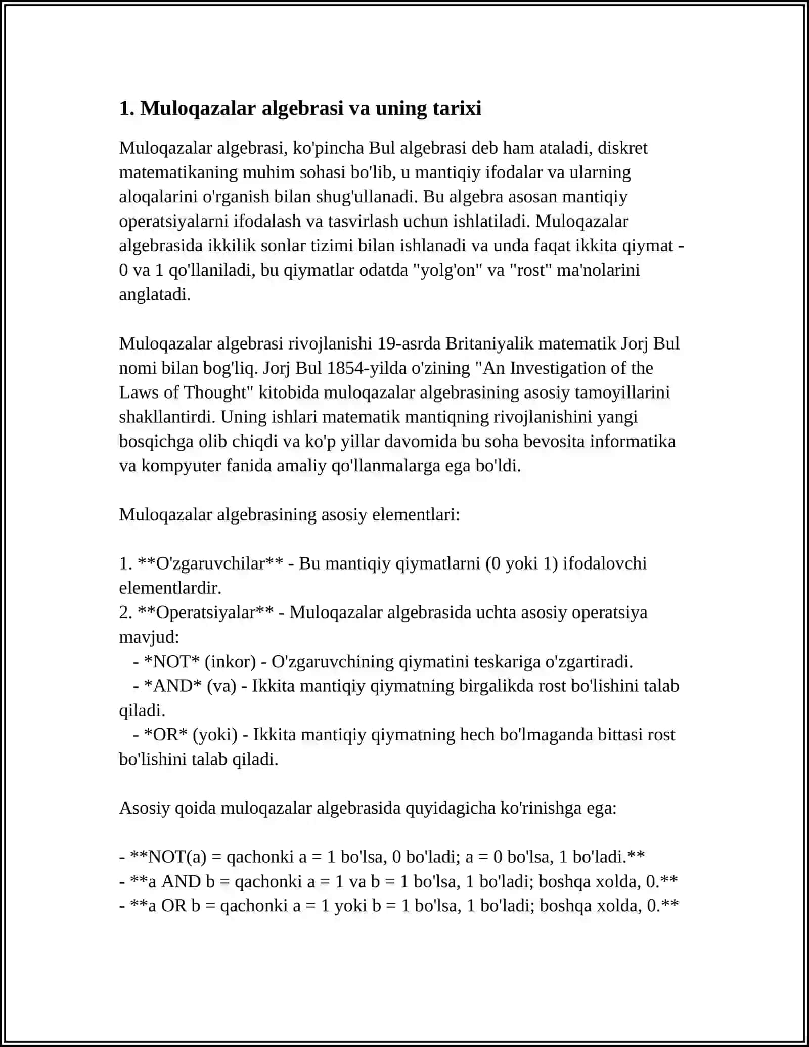 MULOHAZALAR ALGEBRASI FUNKSIYALARI BULL ALGEBRASI 3