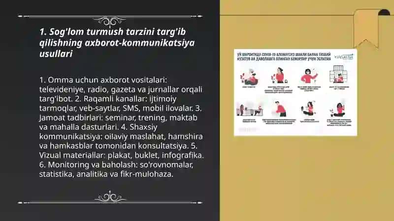 Sog lom turmush tarzini shakllantirish bo yicha aholiga axborot etkazish usullari, olib borilgan ishlarni monitoring qilish va baholash. Tibbiy muassasalarda hamshiralarining aholi salomatligini saqlash, mustahkamlash, ularni yanada yaxshilashga qaratilgan profilaktik tadbirlar oʻtkazish bo'yicha asosiy vazifalari. 3