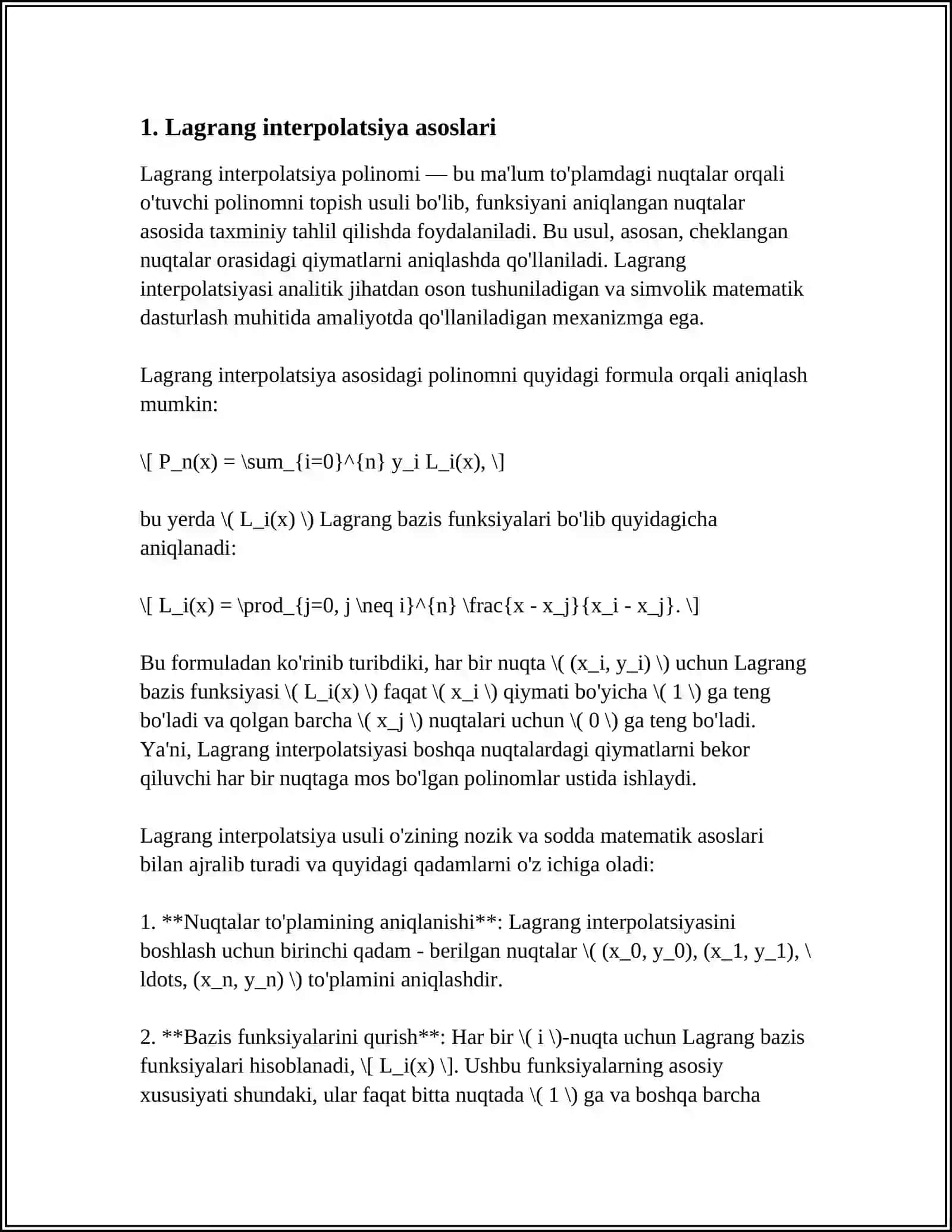 TAJRIBA NATIJALARINI QAYTA ISHLASHDA KOMPYUTERLI MODELLASHTIRISH LAGRANJ INTERPOLYATSION FORMULASI 3